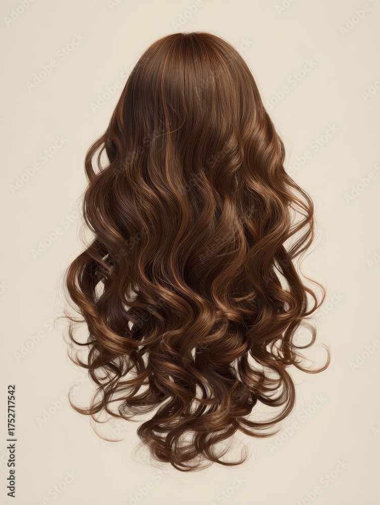 Fototapeta premium This image shows a long curly brown hair wig, perfect for adding volume and style to your appearance.