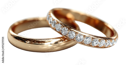 Two wedding bands gold and diamond, resting together