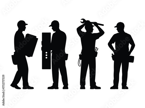 Black silhouettes of four workers with tools and equipment vector