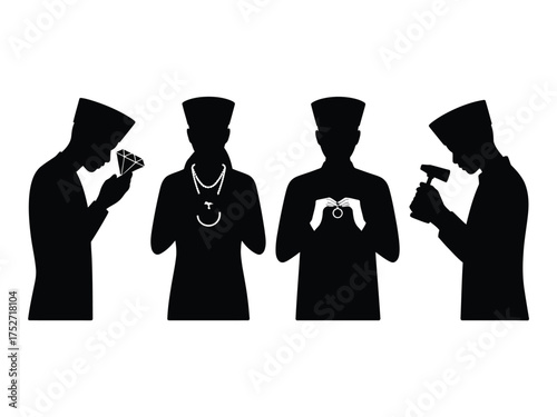 Black silhouettes of jewelers crafting and inspecting jewelry white background