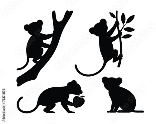 Black silhouettes of kinkajous climbing and holding fruit tree