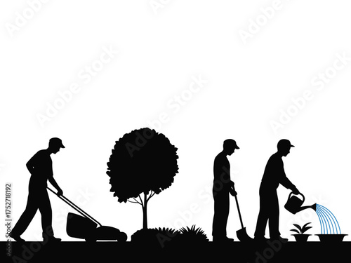 Black silhouettes of landscapers tending garden gardening mowing
