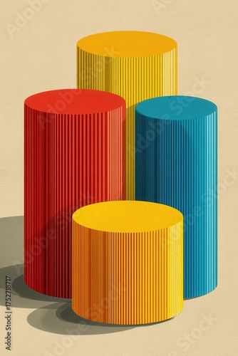 Colorful cylindrical shapes with grooves in red, yellow, and blue hues