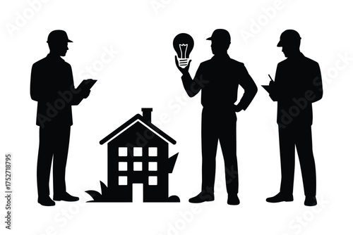 Black silhouettes of men inspecting a house with a lightbulb inspection