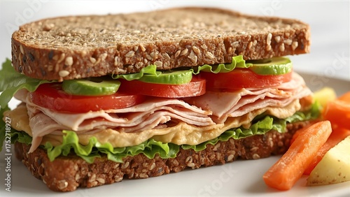 A realistic image of a healthy turkey sandwich made with whole grain bread, lean sliced turkey breast, lettuce, tomato slices, avocado, and a light spread of mustard or hummus.