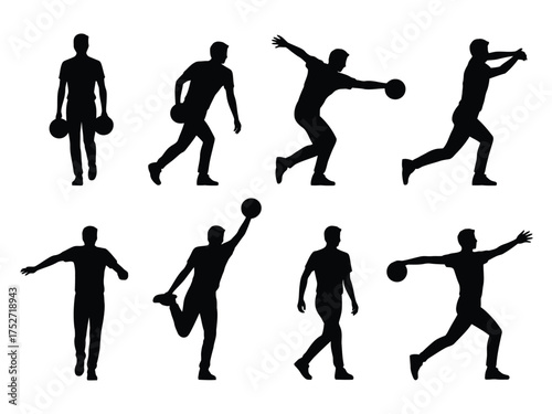 Black silhouettes of men playing sports throwing balls bowling