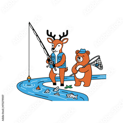 Cute cartoon deer and bear fishing together in a winding blue river vector