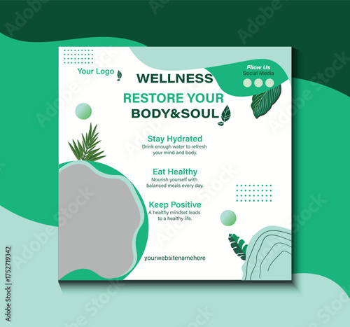 Wellness and Revitalization: A visually appealing design promoting well-being, featuring clean lines and a refreshing color palette to encourage healthy lifestyle choices and mindful living.