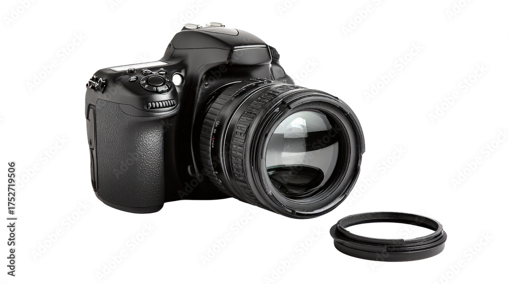 Fototapeta premium DSLR camera with lens cap on, Transparent background, PNG file
