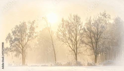 Subtle sunlight filtering through foggy forest branches, neutral winter palette, calm and elegant nature illustration for background or product design.