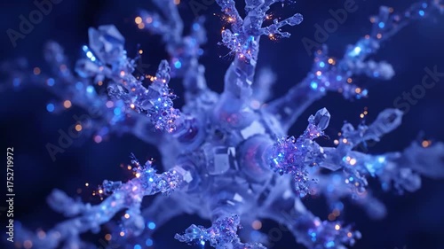 Close-up of a glowing, crystalline snowflake with blue and orange light reflections on a dark background.