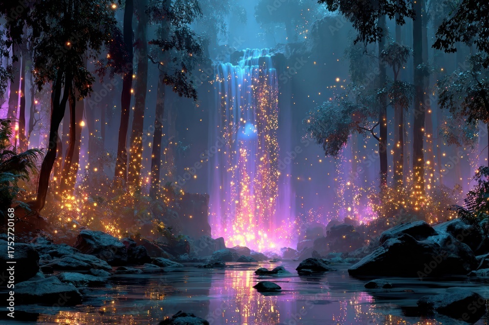 Naklejka premium Mystical waterfall cascading upward with glowing droplets and ethereal mist