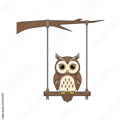 Cute cartoon owl perched on a swinging branch with large eyes and detailed feathers vector