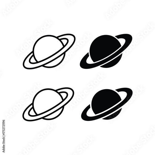 Vector art of four saturn planet icons in black and white, representing different styles, simple and modern design