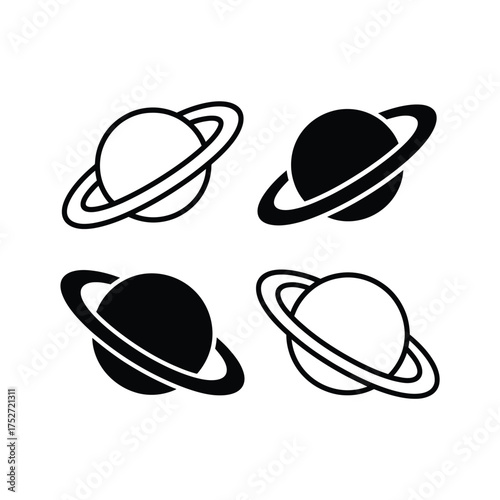 Vector art of four saturn planet icons in black and white, representing different styles, simple and modern design