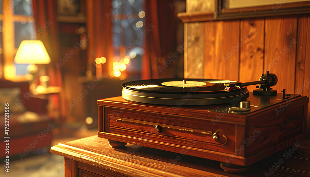 Obraz premium A beautifully crafted record player sets a nostalgic tone in a warm, dimly lit living room, evoking the timeless charm of analog sound and peaceful evening relaxation