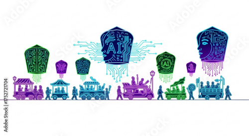 Ai artificial intelligence parade with technology and futuristic elements in neon colors and digital art
