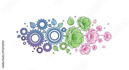 Nature technology integration illustration with gears flowers and leaves vector design concept image