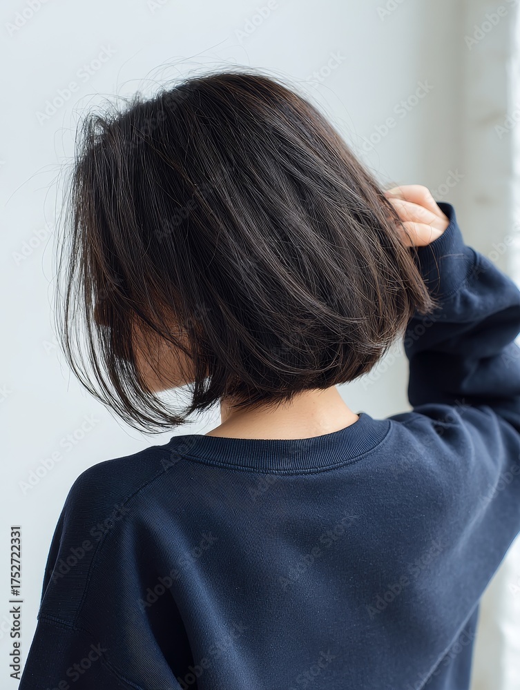 Fototapeta premium Back view of a person wearing a blue sweater with short dark hair adjusting their hair, showcasing a simple and stylish hairstyle.