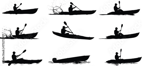 Kayaking silhouettes, water sport, paddle motion, black and white, kayak vector, outdoor activity, splash effect, dynamic posture, boat movement, river adventure, minimal design, sports illustration, 