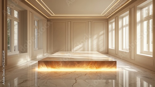 Elegant Empty Room with Illuminated Podium and Sunlight.