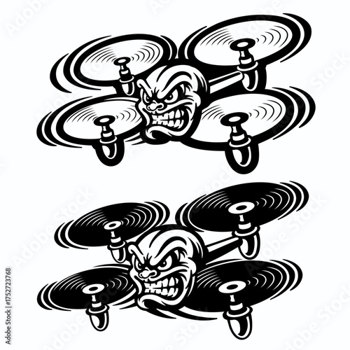 Aggressive Drone Mascot Logo – Angry Quadrocopter Patch Design