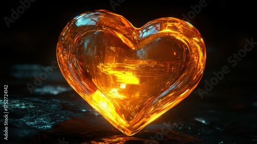 Glowing Amber Heart Crystal with Fiery Energy Inside.