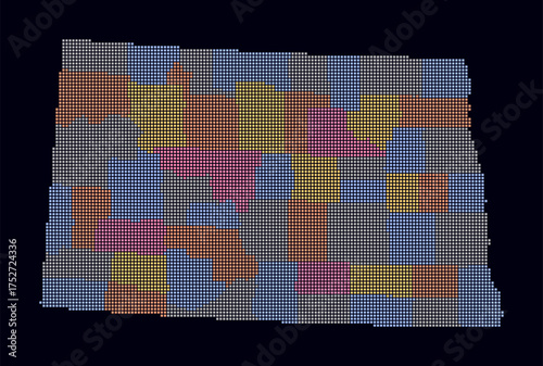 North Dakota dotted map. Digital style map of the state on dark background. North Dakota shape with square dots. Colored dots style. Small size squares. Classy vector illustration.