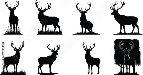Deer silhouette collection, antler wildlife poses, forest animal shapes, black vector stag icons, nature hunting design, rustic outdoor illustration