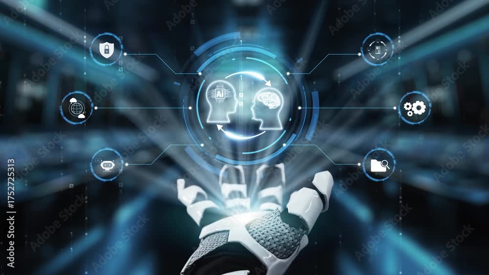 A close-up view of a robotic hand reaching towards a digital interface ...
