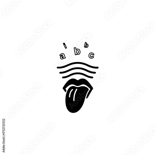 A compelling black and white icon featuring the silhouette of a human tongue (symbolizing speech and articulation) with several minimal flying letters or wavy lines above it