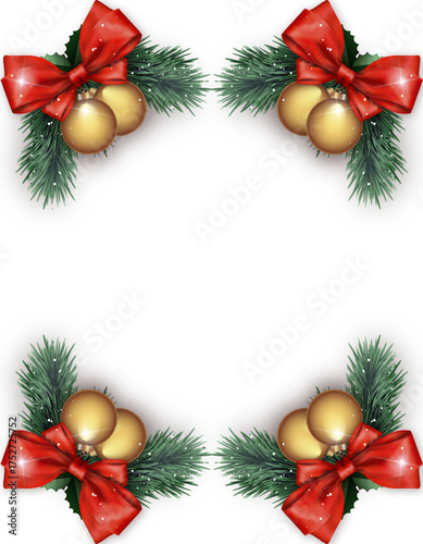 Symmetrical Christmas Corner Border with Red Bows, Gold Ornaments, and Pine Branches - Copy Space
