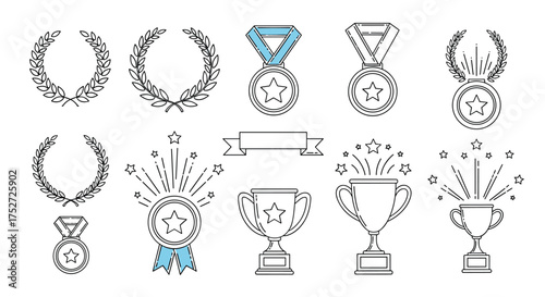 Collection of linear icons representing various awards achievements and accolades.