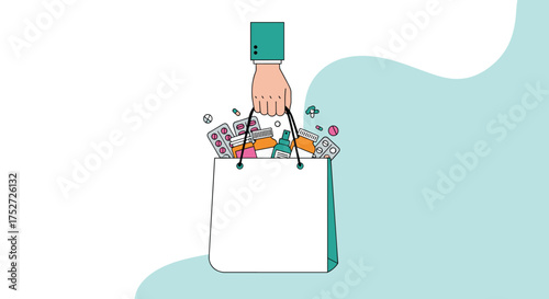 A hand holds a bag overflowing with colorful flowers and gift wrapping items for a special occasion.