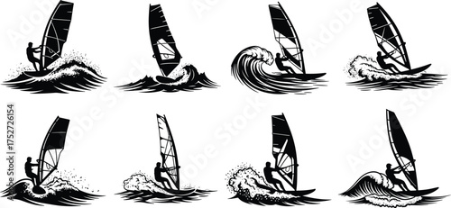 Windsurfing silhouette illustration, ocean sport graphic, dynamic wave rider pose, black and white action art, sailboard athlete, water splash design
