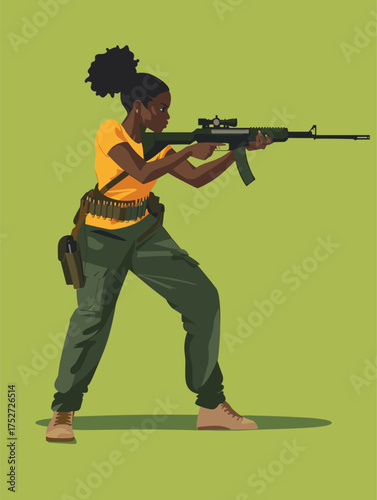 Flat Vector of African Woman in Cargo Pants and Bullet Belt