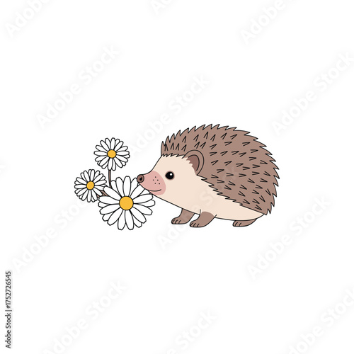 Cute hedgehog sniffing daisies in a whimsical garden scene vector