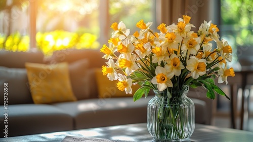 Beautiful Daffodil Bouquet in a Glass Vase on a Table in a Bright Living Room.
