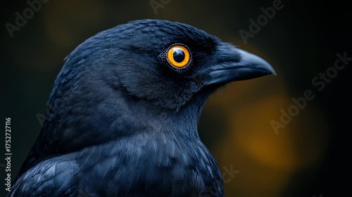 Captivating Close-Up of a Glossy Starling's Intense Gaze and Vibrant Plumage, Majestic Bird