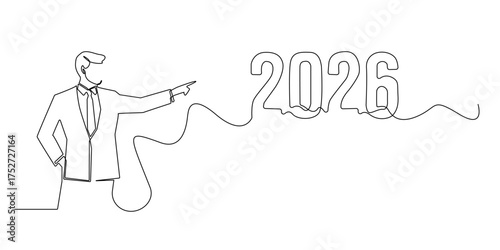 continuous line of formally dressed men pointing towards the number 2026.future vision, strategic planning, and direction towards the new year.single line vector illustration