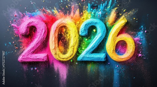 Bright colors burst from large numbers that read 2026, showcasing a lively mix of colored powder. This artistic arrangement highlights creativity and celebration