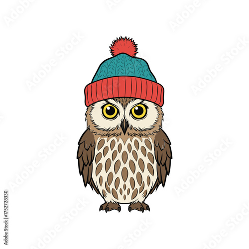 Cute owl wearing a cozy winter hat and beanie with a pom pom adorable bird vector