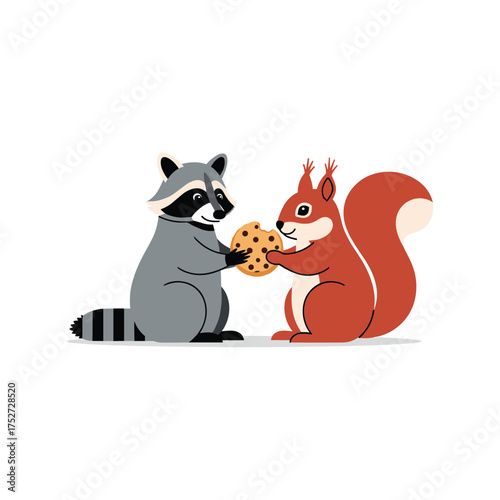 Cute raccoon and squirrel exchange flowers adorable woodland creatures friendship moment vector
