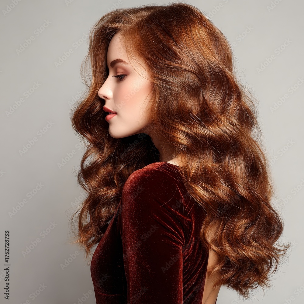 Obraz premium A woman with long wavy brown hair wearing a velvet dress, presenting an elegant and fashionable appearance.