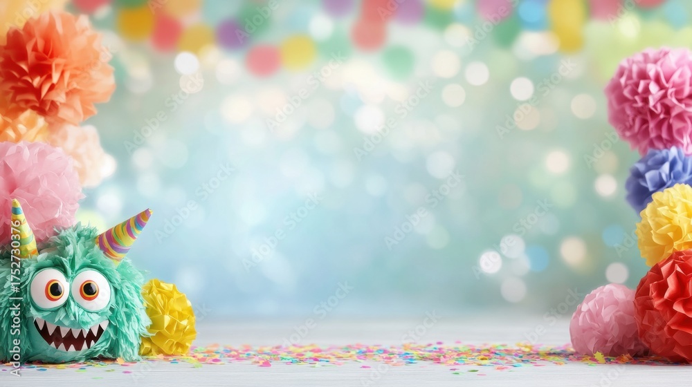 Naklejka premium Colorful paper monsters with bright features spread joy among cheerful confetti in a vibrant party atmosphere set against an indigo backdrop