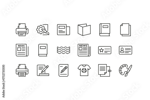 Printing icon set. Publishing line icons for documents and media. Vector symbols for print shop, newspaper, book, id card. Office stationery pictogram collection. Art design.