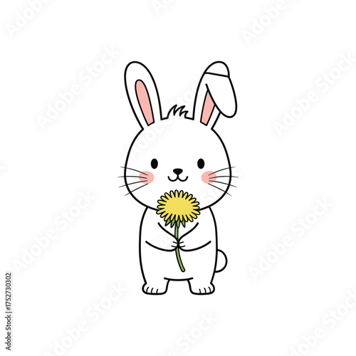 Cute white bunny holding a yellow dandelion flower with pink cheeks and big ears vector