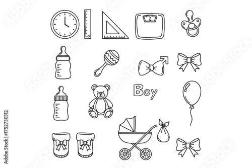 It's a boy baby shower icon set. Newborn birth metrics, date, time, weight, height. Vector line art of stroller, teddy bear, bottle, pacifier, rattle, shoes.