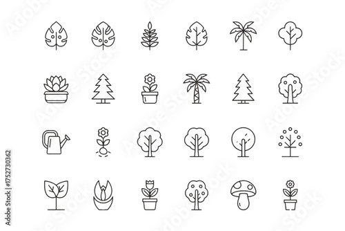 Plant and nature line icon set. Vector symbols collection of tree, leaf, flower, forest, garden elements. Minimal outline pictograms of palm, succulent for eco design.