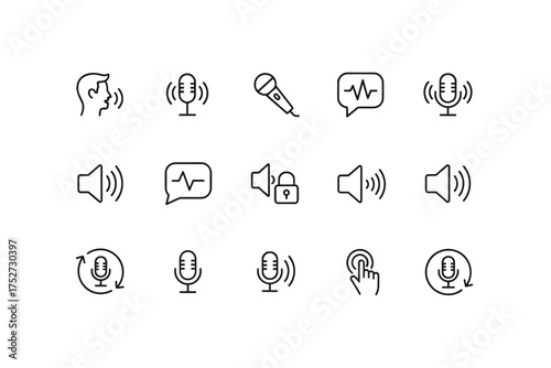 Voice and audio line icon set. Sound wave, microphone, record signs. Speech, podcast, volume control pictograms. Editable stroke. Vector symbols for UI, app, web design.